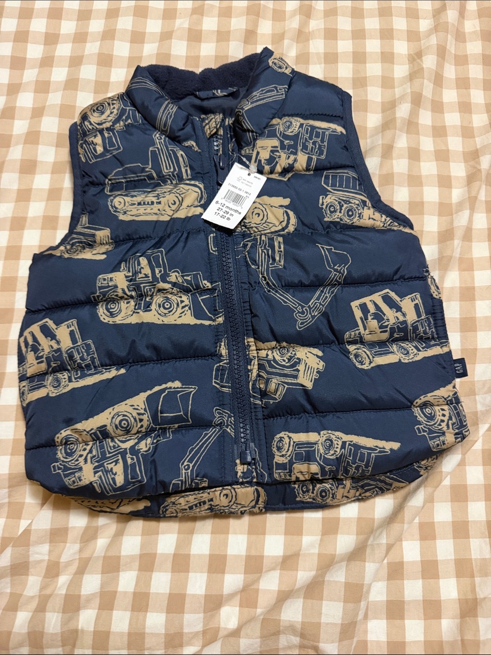 GAP Navy Puffer Vest with Beige Construction Truck Print